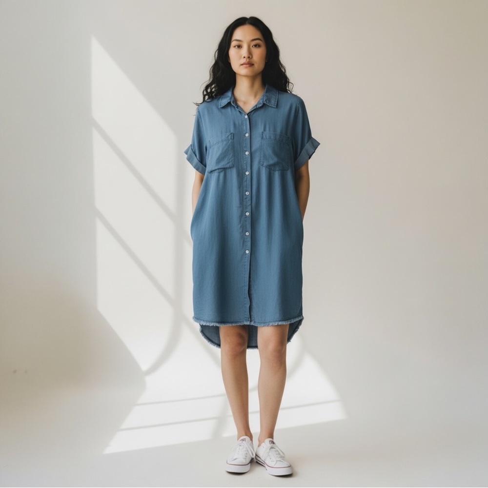 Thread + Supply Chambray Raw Hem Womens Small Dress Blue Button-Up Shirt Dress
